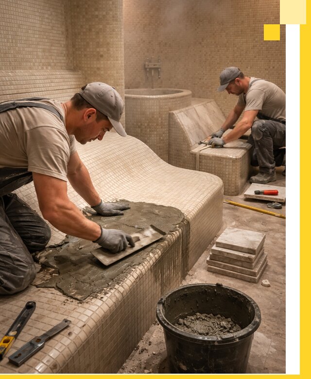 Лежаки для хамама под ключ в Магнитогорске, проект и монтаж